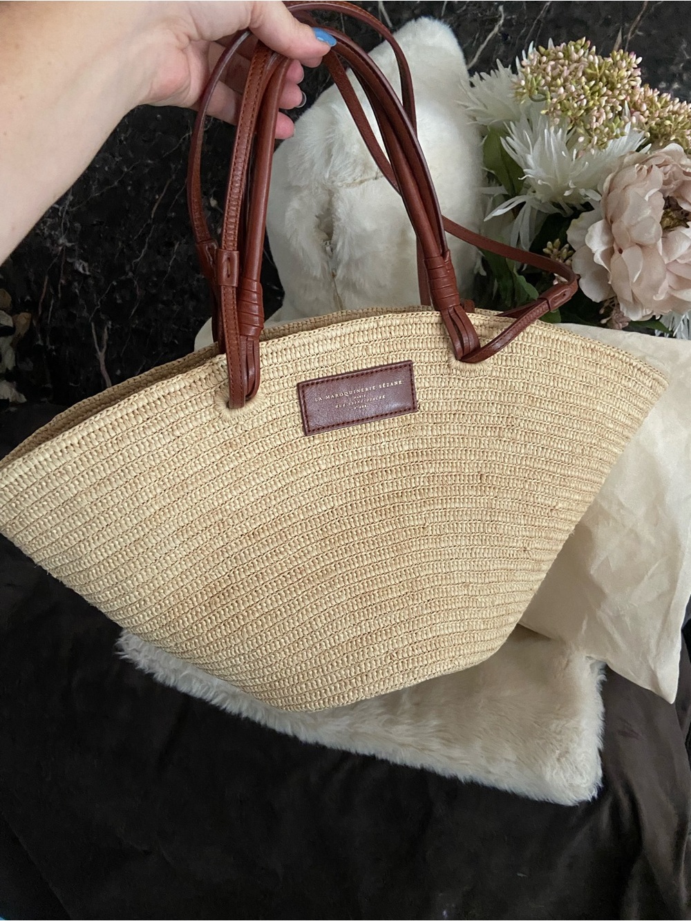 SEZANE Justine Raffia Basket Bag With Leather Handles ⚜️ - Picture 9 of 12